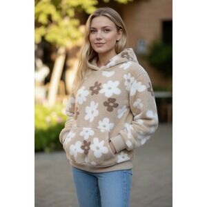 Abercrombie Kids Floral Sherpa Hoodie Tan Cream Daisy Fleece Pullover 13/14